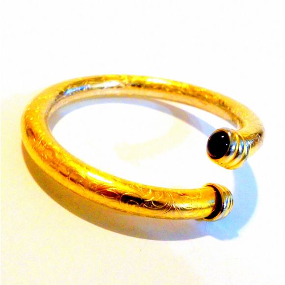 Gold Tone Leaf and Scroll Embossed Red Cabochon Tipped Bypass Bangle Bracelet - Picture 2 of 6